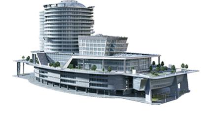 futuristic building model drawing with incorporated greenway